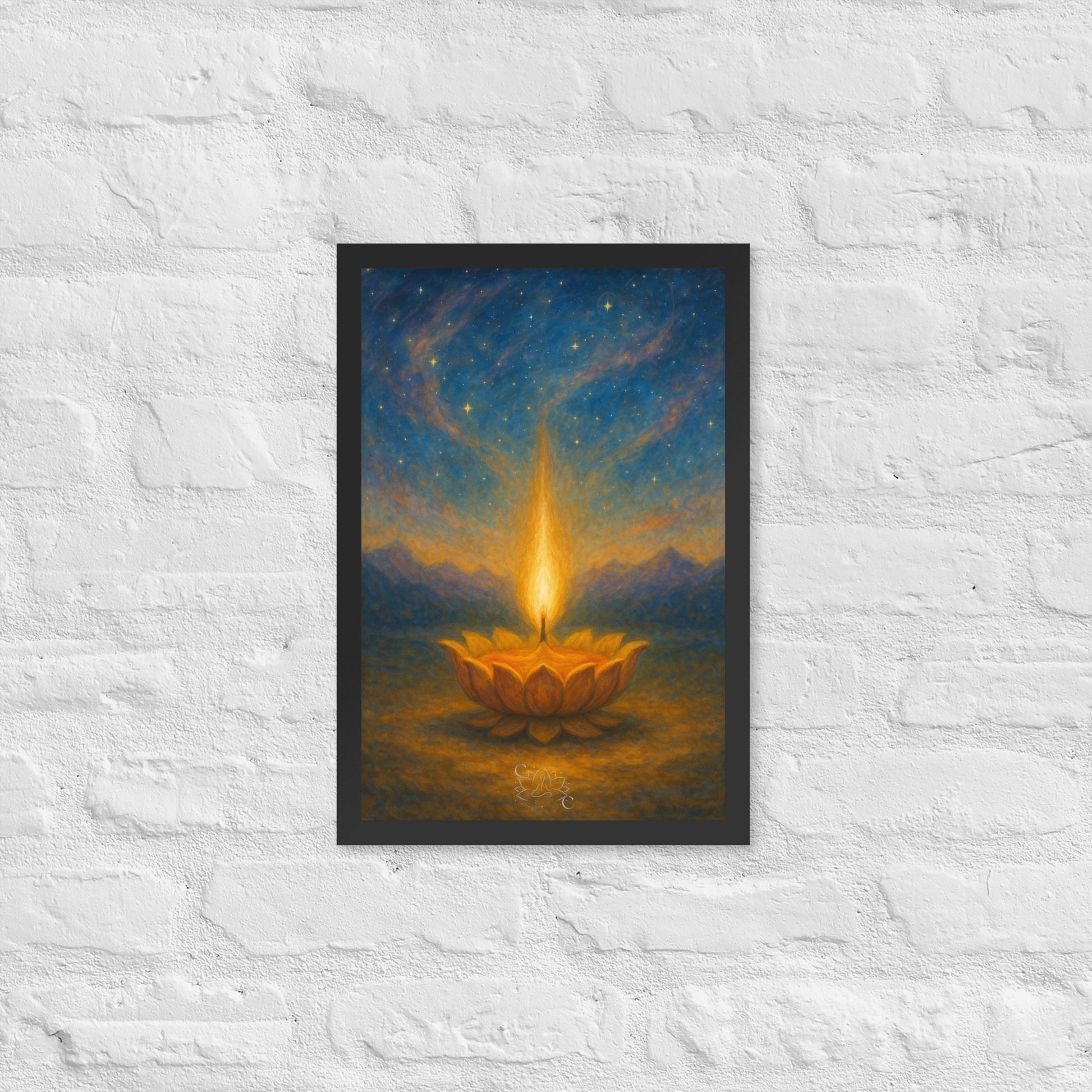 Cosmic Eternal Flame wall art, calming spiritual framed print for living room (Diwali Gift)