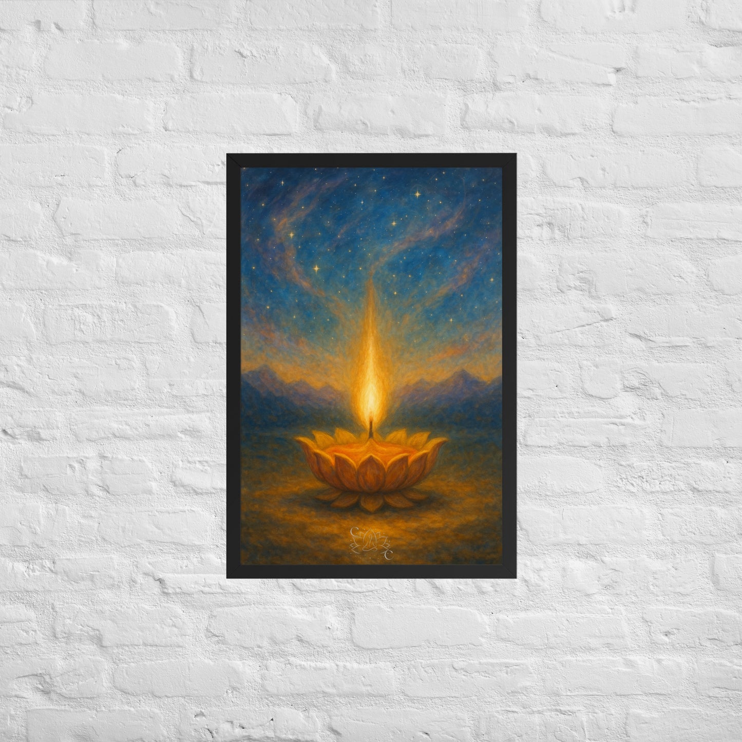 Cosmic Eternal Flame wall art, calming spiritual framed print for living room (Diwali Gift)