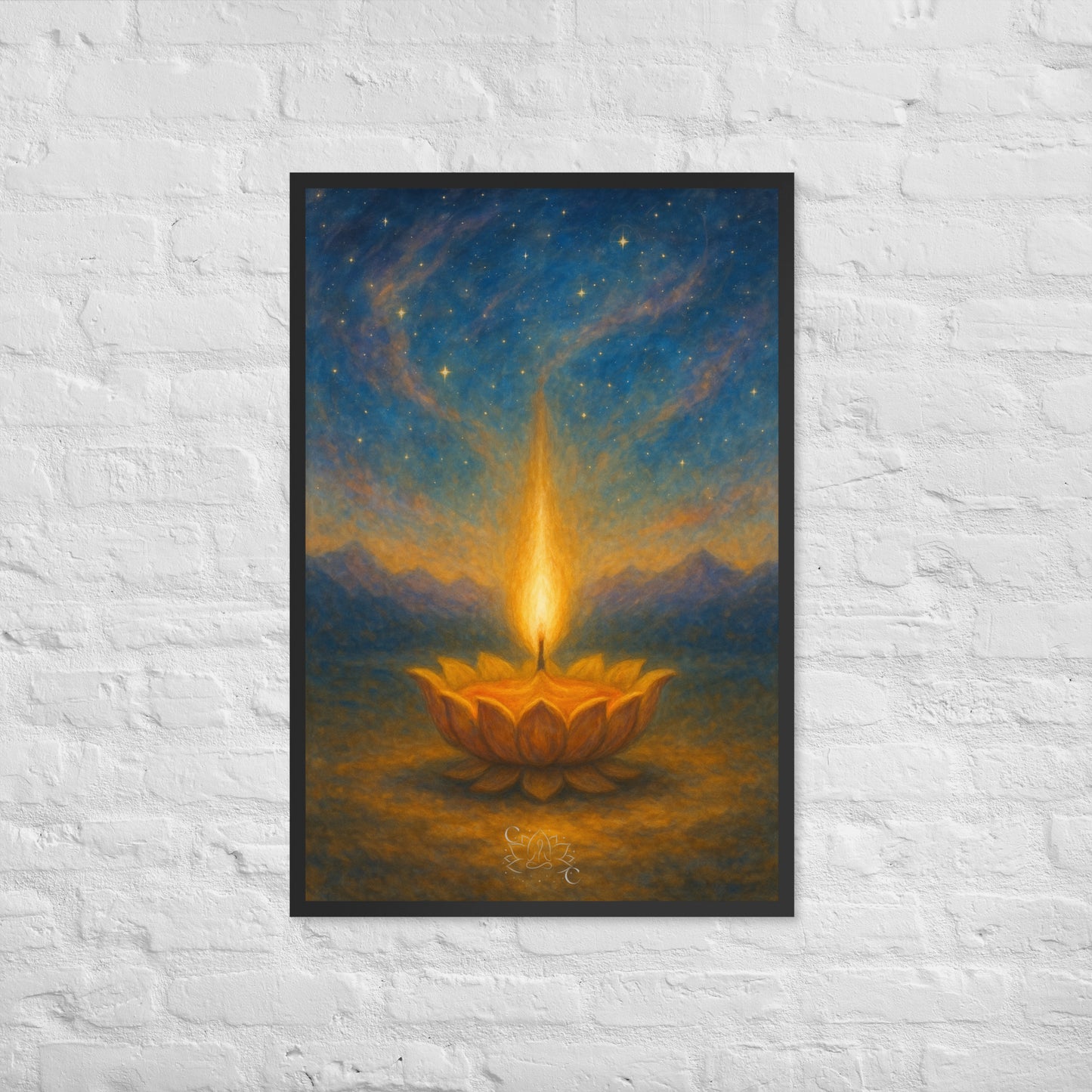 Cosmic Eternal Flame wall art, calming spiritual framed print for living room (Diwali Gift)