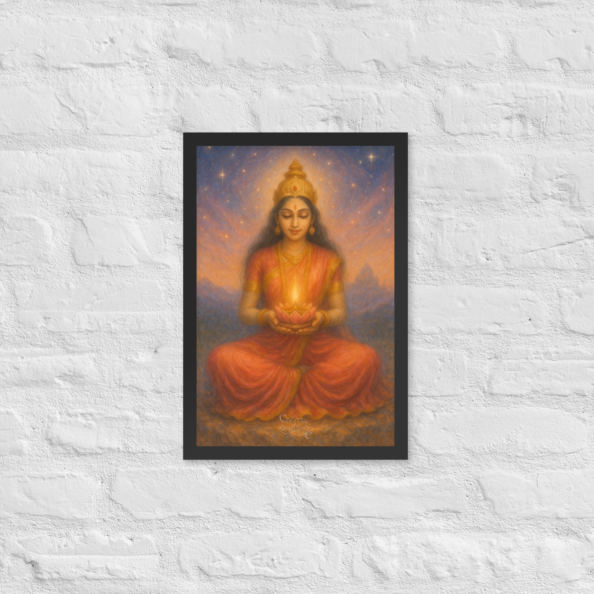 Lakshmi wall art in pastel-cosmic style — spiritual framed print (Diwali gift)